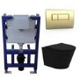 Matt Black Wall Hung Rimless Toilet with Soft Close Seat Brass Pneumatic Flush Plate 820mm Frame & Cistern - Verona