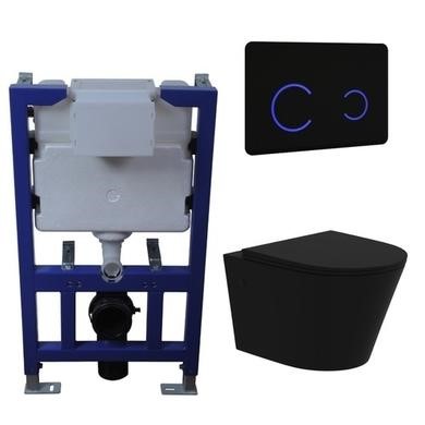 Matt Black Wall Hung Rimless Toilet with Soft Close Seat Black Glass Sensor Pneumatic Flush Plate 820mm Frame & Cistern - Verona