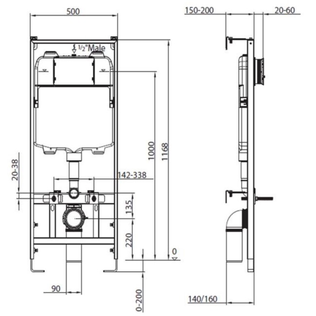 Wall Hung Toilet with Soft Close Seat Frame Cistern and Black Flush - Alcor