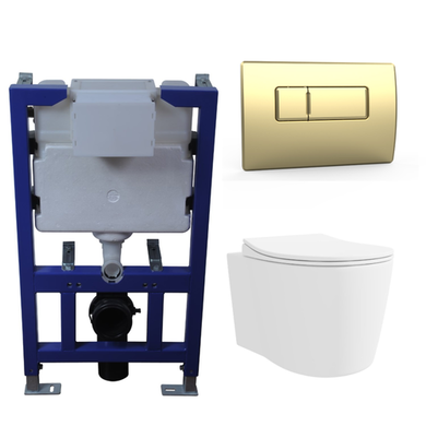 Wall Hung Toilet with Soft Close Seat Brushed Brass Pneumatic Flush Plate 820mm Frame & Cistern - Alcor