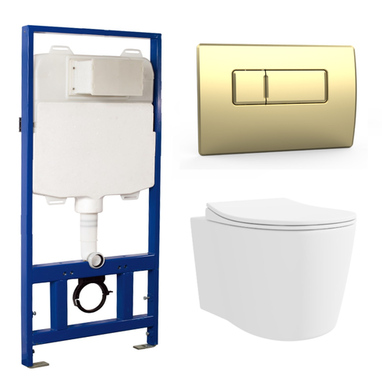 Wall Hung Toilet with Soft Close Seat Brushed Brass Pneumatic Flush Plate 1170mm Frame & Cistern - Alcor