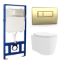 Wall Hung Toilet with Soft Close Seat Brushed Brass Pneumatic Flush Plate 1170mm Frame & Cistern - Alcor