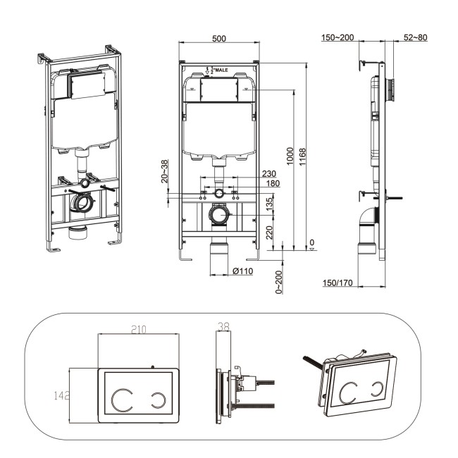 Wall Hung Toilet with Soft Close Seat White Glass Sensor Pneumatic Flush Plate 1170mm Frame & Cistern - Alcor