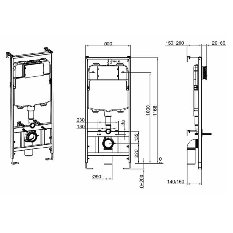 Concealed Cistern with 1170mm Wall Hung Toilet Frame and Brushed Brass Mechanical Flush Plate - Zana