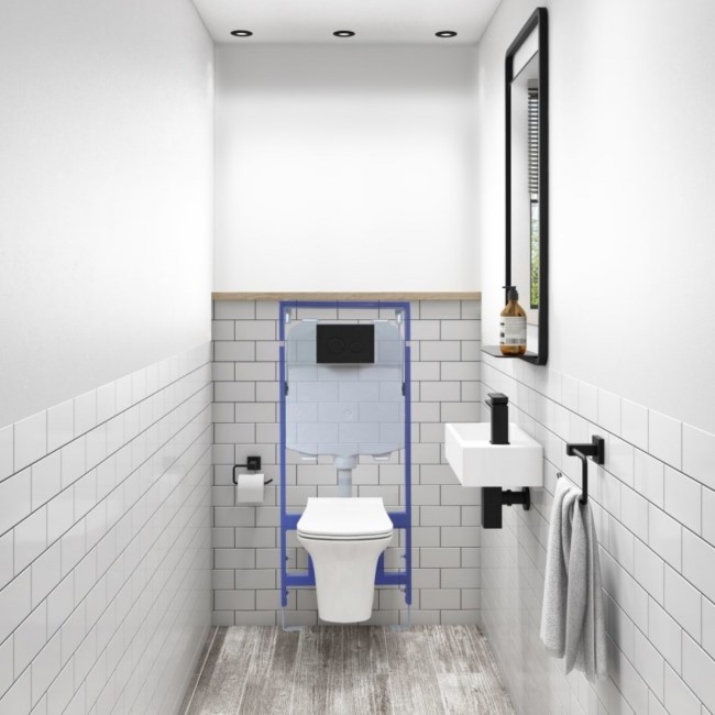 Wall Hung Rimless Toilet with Soft Close Seat Cistern Frame and Black Flush - Santiago
