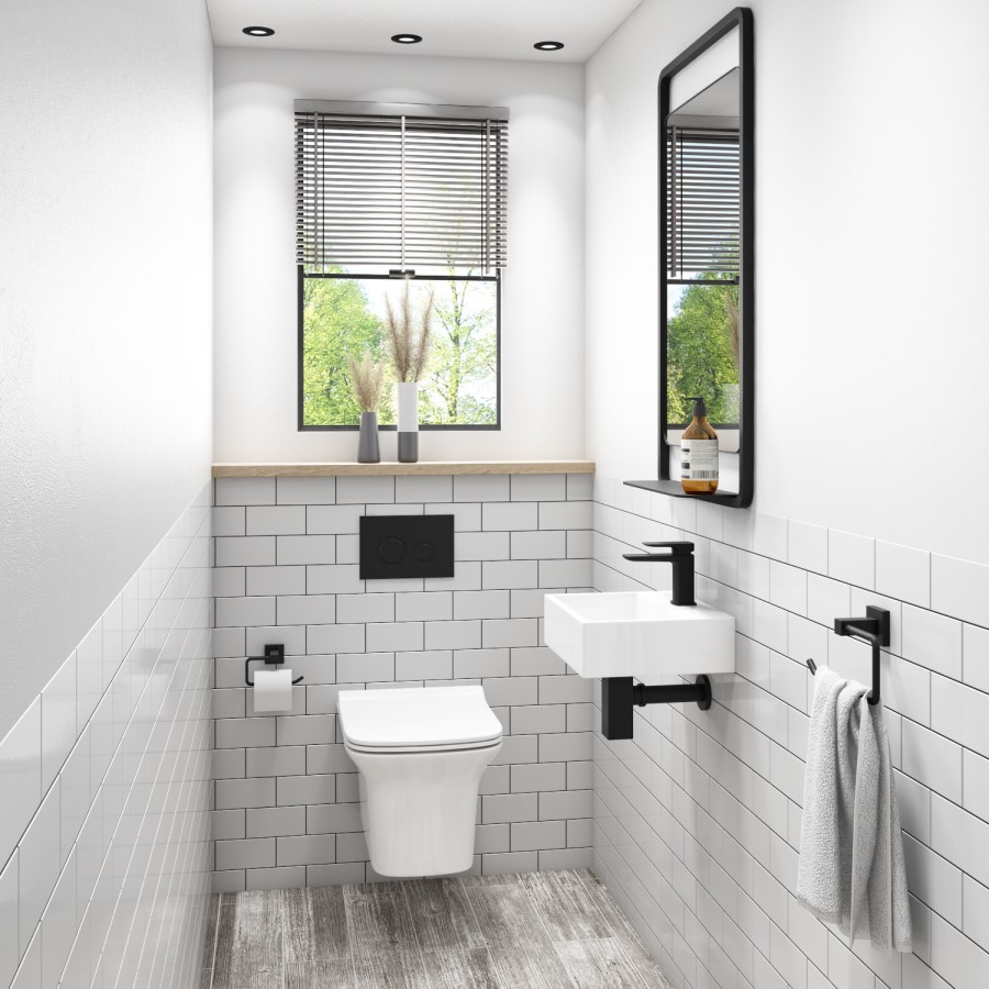 Cloakroom Suite with Basin, Wall Hung Rimless Toilet & Soft Close Seat
