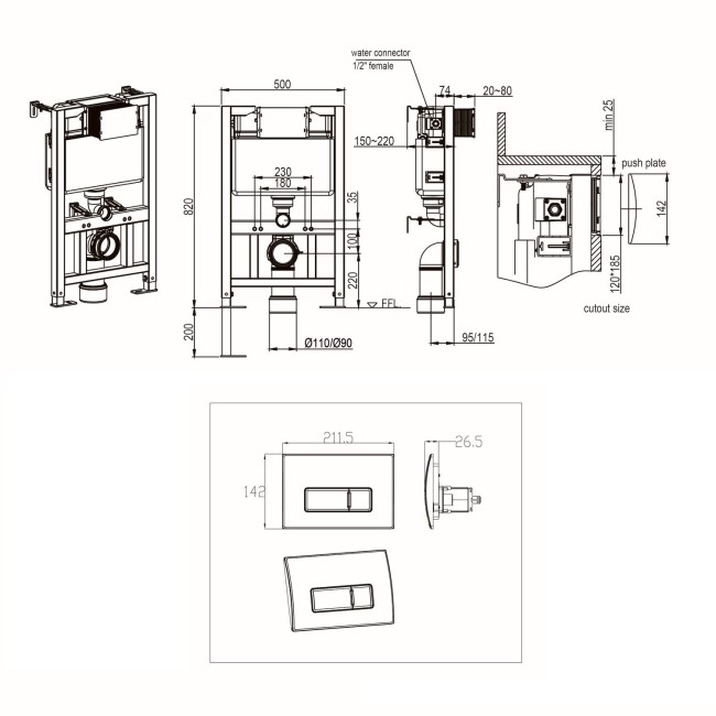 Santiago Wall Hung WC, Soft Close Seat, 820 Frame and Chrome flush plate