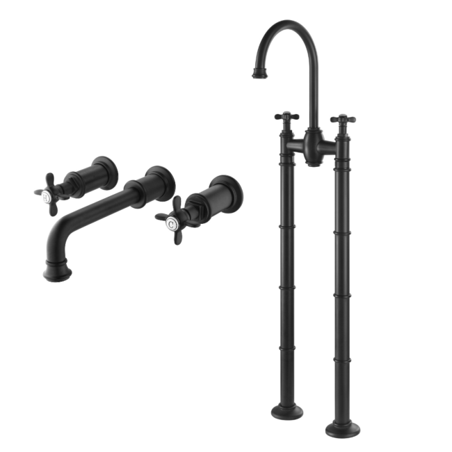 Black Freestanding Bath Shower Mixer and Wall Mounted Basin Tap Set - Camden