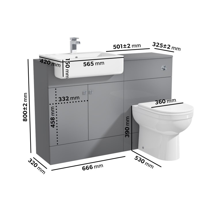 Grade A1 - 1200mm Grey Toilet and Sink Unit with Round Toilet - Harper