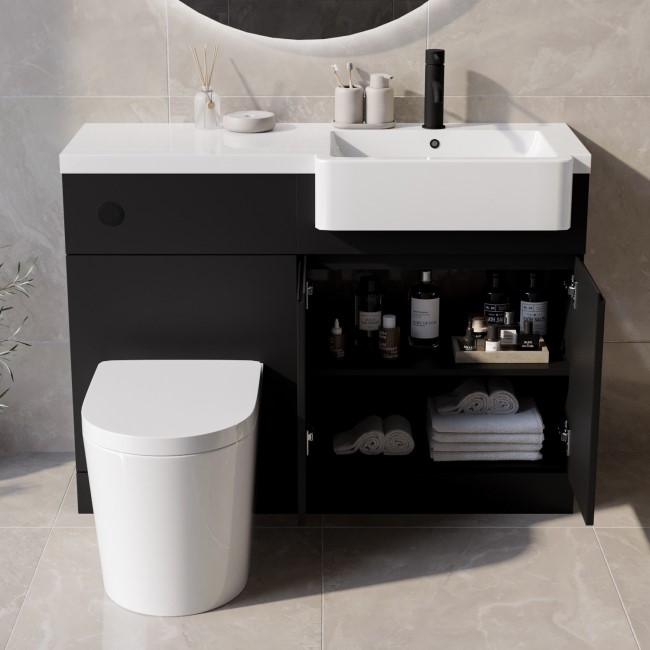 800mm Black Quadrant Shower Enclosure Bathroom Suite with Right Hand Toilet & Sink Unit - Pavo