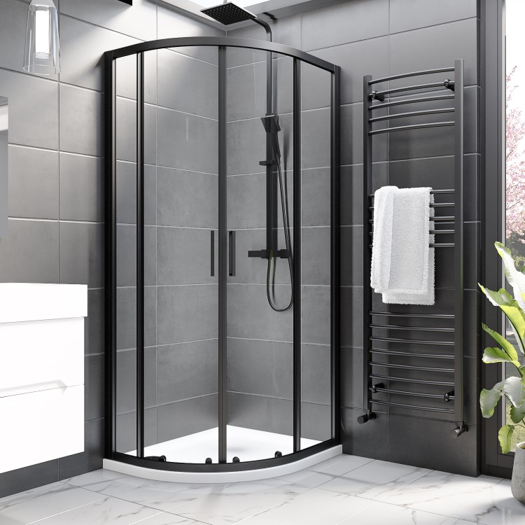 Grade A1 - Black 8mm Glass Offset Quadrant Shower Enclosure 900x760mm - Pavo