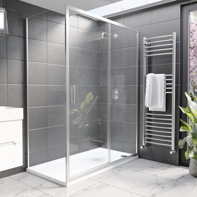 Chrome 8mm Glass Rectangular Sliding Shower Enclosure with Shower Tray 1400x800mm- Pavo