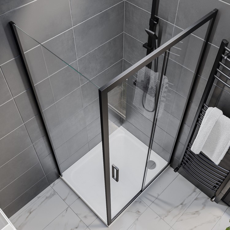 Grade A1 - Black 8mm Glass Rectangular Sliding Shower Enclosure 1000x700mm - Pavo