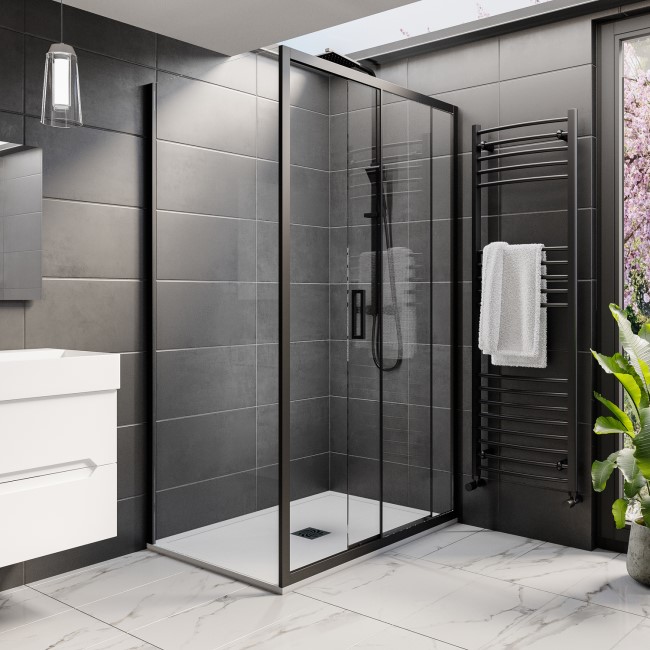 Black 8mm Glass Rectangular Sliding Shower Enclosure with Low Profile Shower Tray 1000x800mm - Pavo