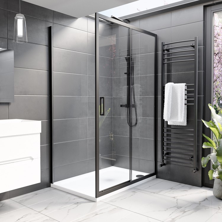 Grade A1 - 1100x700mm Black Rectangular Sliding Shower Enclosure - Pavo