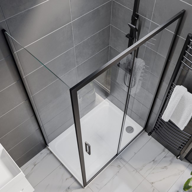 Black 8mm Glass Rectangular Sliding Shower Enclosure with Shower Tray 1200x900mm - Pavo