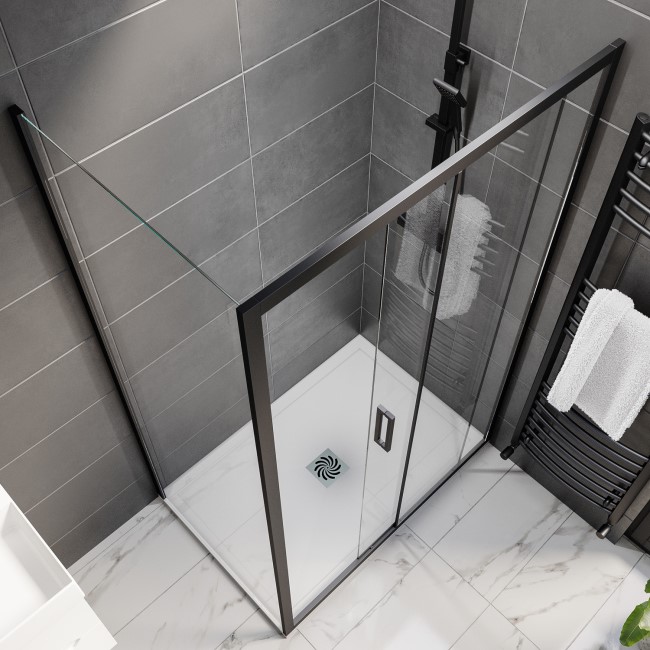 Black 8mm Glass Rectangular Sliding Shower Enclosure with Low Profile Shower Tray 1200x800mm - Pavo