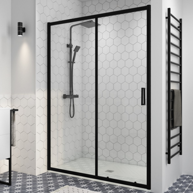 Black 1400mm Sliding Shower Door 8mm Glass - Pavo