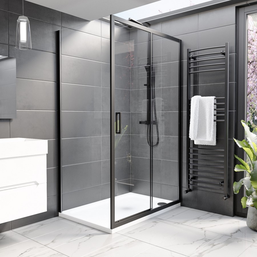 Black 8mm Glass Rectangular Sliding Shower Enclosure 1500x700mm - Pavo