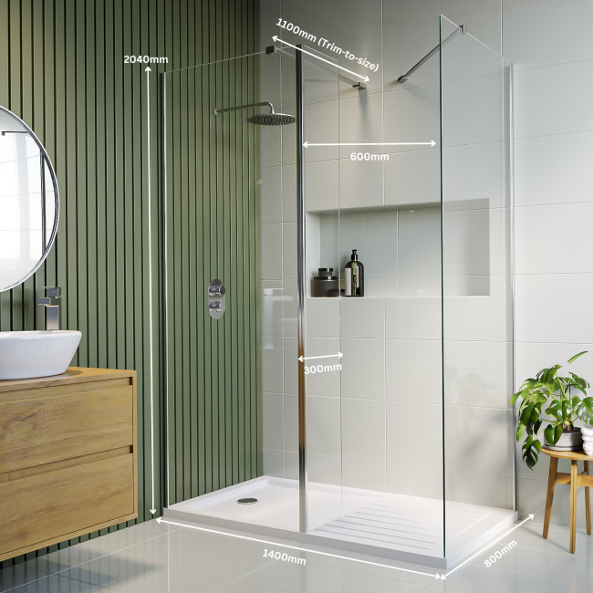 1400x800mm Frameless Walk In Shower Enclosure with 300mm Fixed Panel and Shower Tray - Corvus