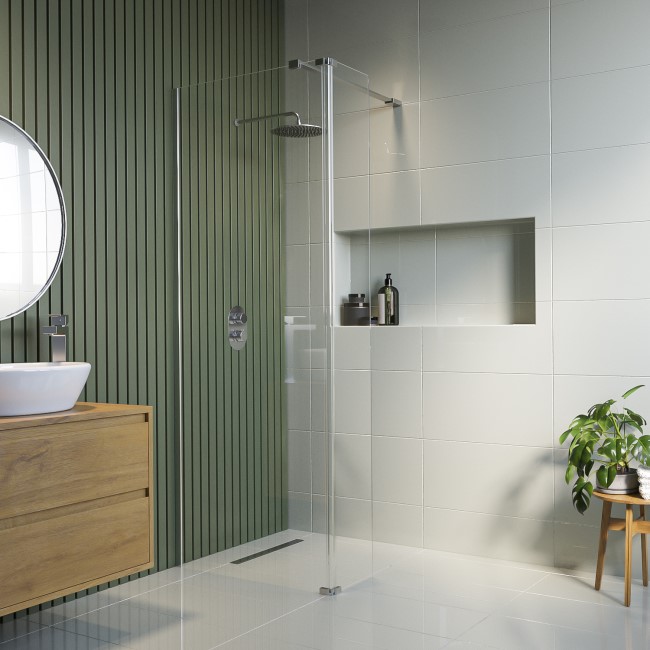 Wet Room Shower Screen 700mm Frameless with 300mm Hinged Flipper Panel and Wall Support Bar - Corvus