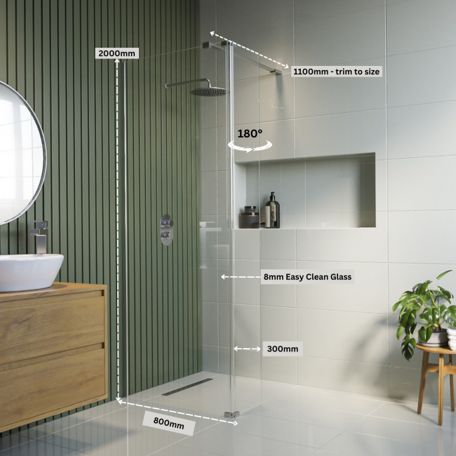 Wet Room Shower Screen 800mm Frameless with 300mm Hinged Flipper Panel and Wall Support Bar - Corvus