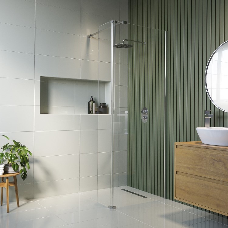 Wet Room Shower Screen 800mm Frameless with 300mm Hinged Flipper Panel and Wall Support Bar - Corvus