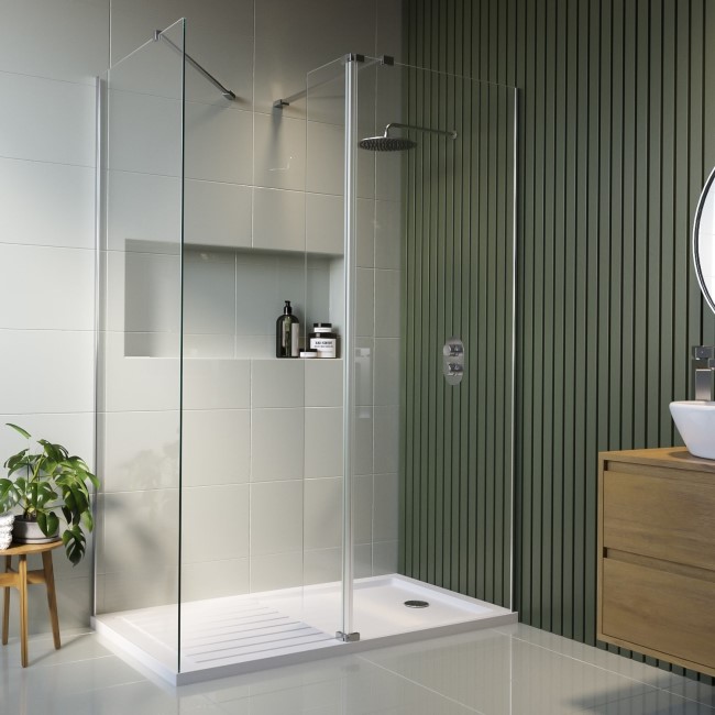 1400x800mm Frameless Wet Room Shower Screen Enclosure with 300mm Hinged Flipper Panel and Shower Tray - Corvus