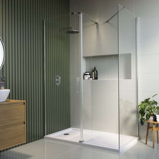 1400x900mm Frameless Wet Room Shower Screen Enclosure with 300mm Hinged Flipper Panel and Shower Tray - Corvus