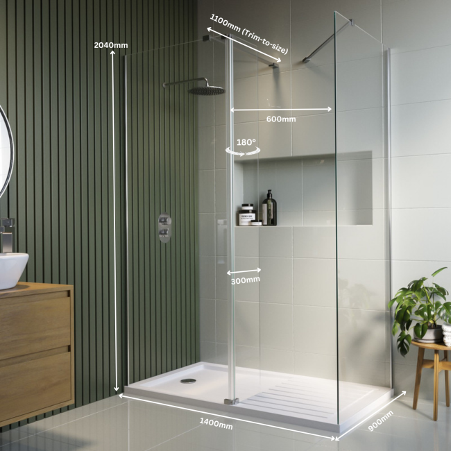 1400x900mm Frameless Wet Room Shower Screen Enclosure with 300mm Hinged Flipper Panel and Shower Tray - Corvus