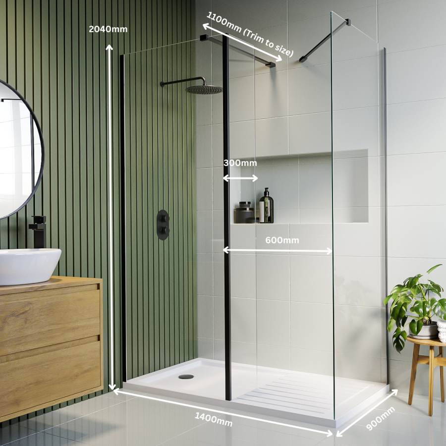 1400x900mm Black Frameless Wet Room Shower Screen Enclosure with 300mm Fixed Panel and Shower Tray with Drying Area - Corvus