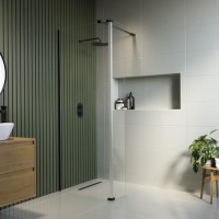 800mm Black Frameless Wet Room Shower Screen with 300mm Hinged Flipper Panel - Corvus