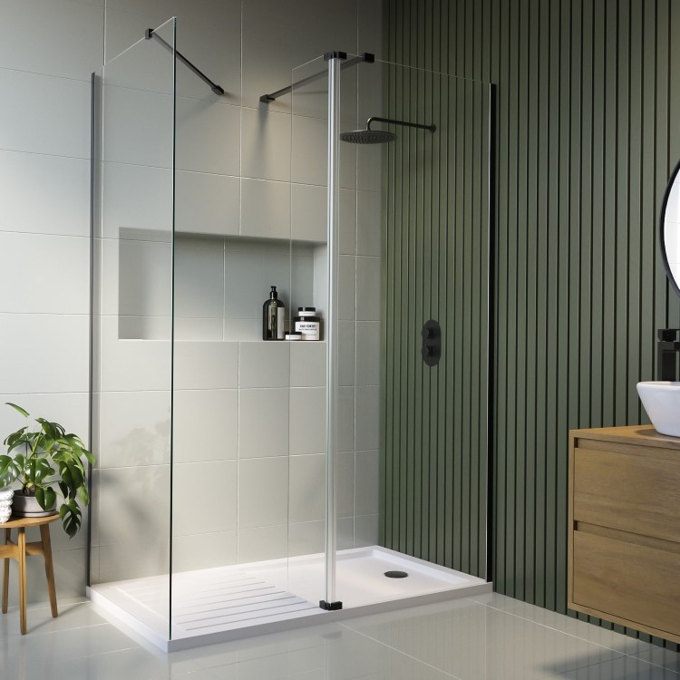 1400x800mm Black Frameless Wet Room Shower Screen Enclosure with 300mm Hinged Flipper Panel and Shower Tray - Corvus