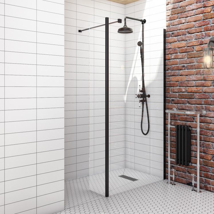 Grade A1 - 900mm Black Frameless Wet Room Shower Screen with Return Panel - Corvus