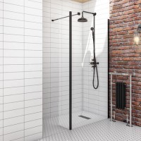 Grade A1 - 900mm Black Frameless Wet Room Shower Screen with Return Panel - Corvus
