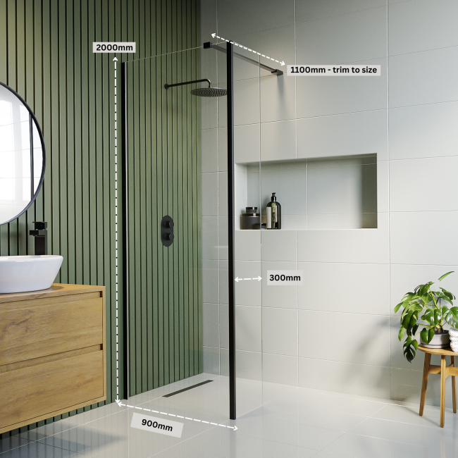 Wet Room Shower Screen 900mm Black Frameless with 300mm Fixed Panel and Wall Support Bar - Corvus