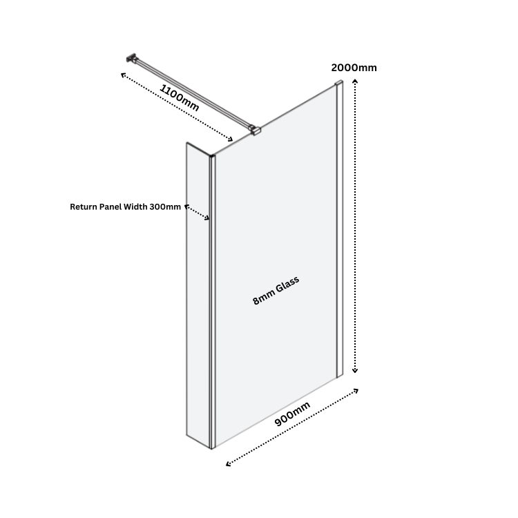 Grade A1 - 900mm Black Frameless Wet Room Shower Screen with Return Panel - Corvus