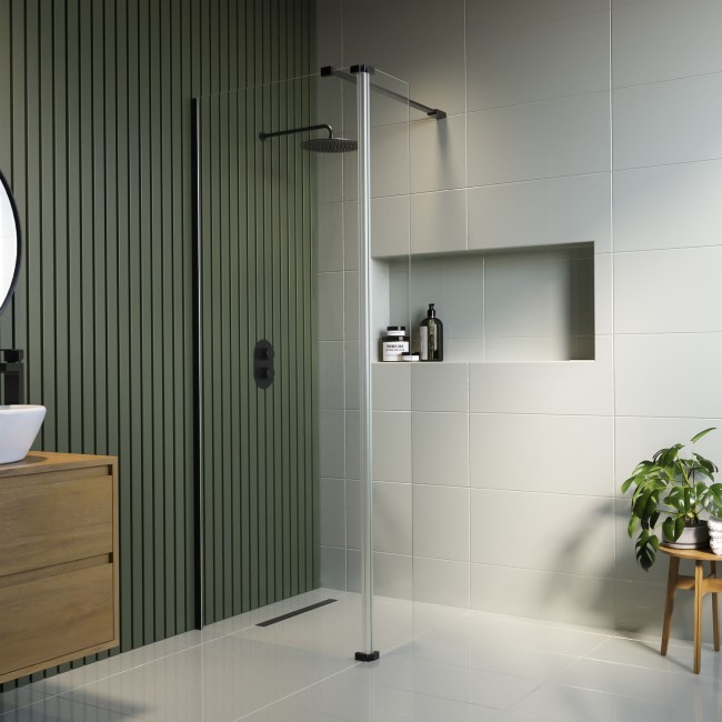 Wet Room Shower Screen 900mm Black Frameless with 300mm Hinged Flipper Panel and Wall Support Bar - Corvus