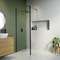 Wet Room Shower Screen 1100mm Black Frameless with 300mm Fixed Panel and Wall Support Bar - Corvus Wet Room Shower Screen 1100mm Black Frameless with 300mm Fixed Panel and Wall Support Bar - Corvus