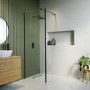 Wet Room Shower Screen 1100mm Black Frameless with 300mm Fixed Panel and Wall Support Bar - Corvus