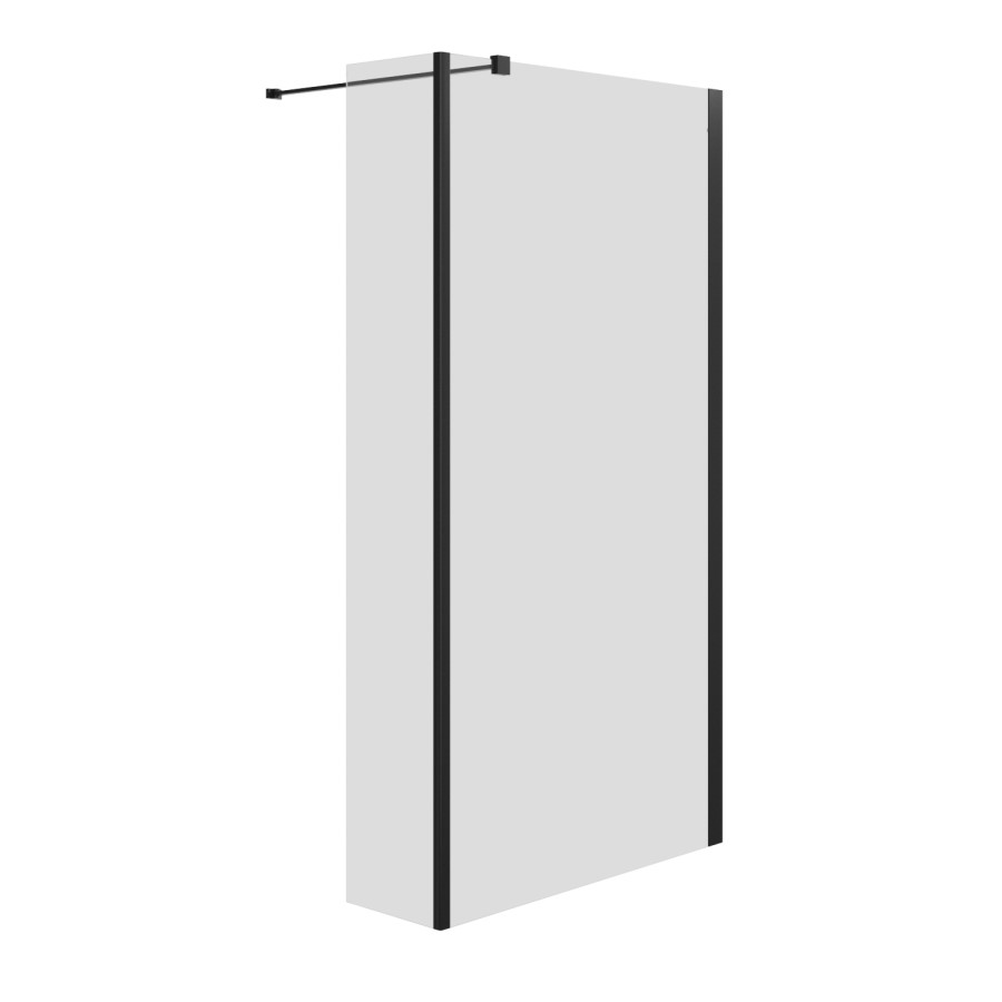 Wet Room Shower Screen 1100mm Black Frameless with 300mm Fixed Panel and Wall Support Bar - Corvus