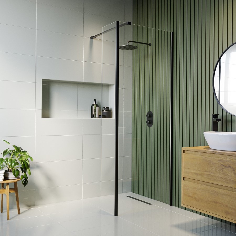 Wet Room Shower Screen 1100mm Black Frameless with 300mm Fixed Panel and Wall Support Bar - Corvus