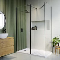 1600x800mm Black Frameless Walk In Shower Enclosure 300mm Fixed Panel and Shower Tray - Corvus