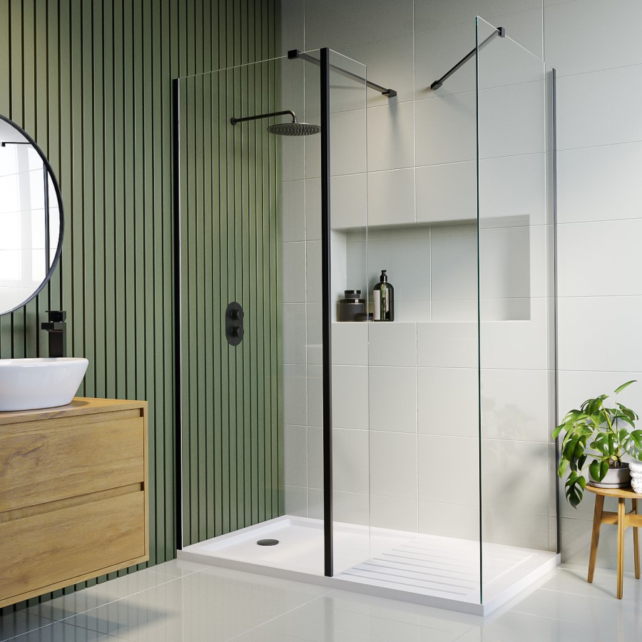 1600x800mm Black Frameless Wet Room Shower Screen Enclosure 300mm Fixed Panel and Shower Tray - Corvus