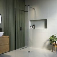 Wet Room Shower Screen 1000mm Black Frameless with 300mm Hinged Flipper Panel and Wall Support Bar - Corvus