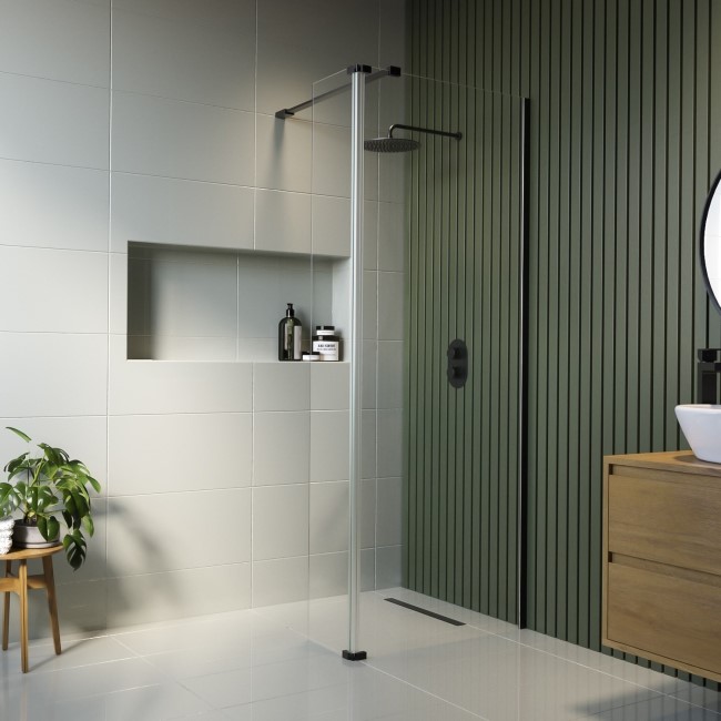 Wet Room Shower Screen 1000mm Black Frameless with 300mm Hinged Flipper Panel and Wall Support Bar - Corvus