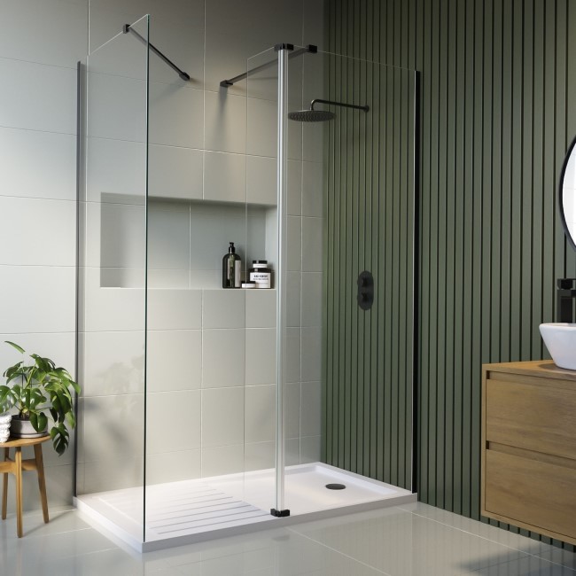 1600x800mm Black Frameless Wet Room Shower Screen Enclosure with 300mm Hinged Flipper Panel and Shower Tray - Corvus