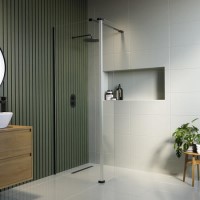 Walk In Shower 1100mm Black Frameless with 300mm Hinged Flipper Panel and Wall Support Bar - Corvus