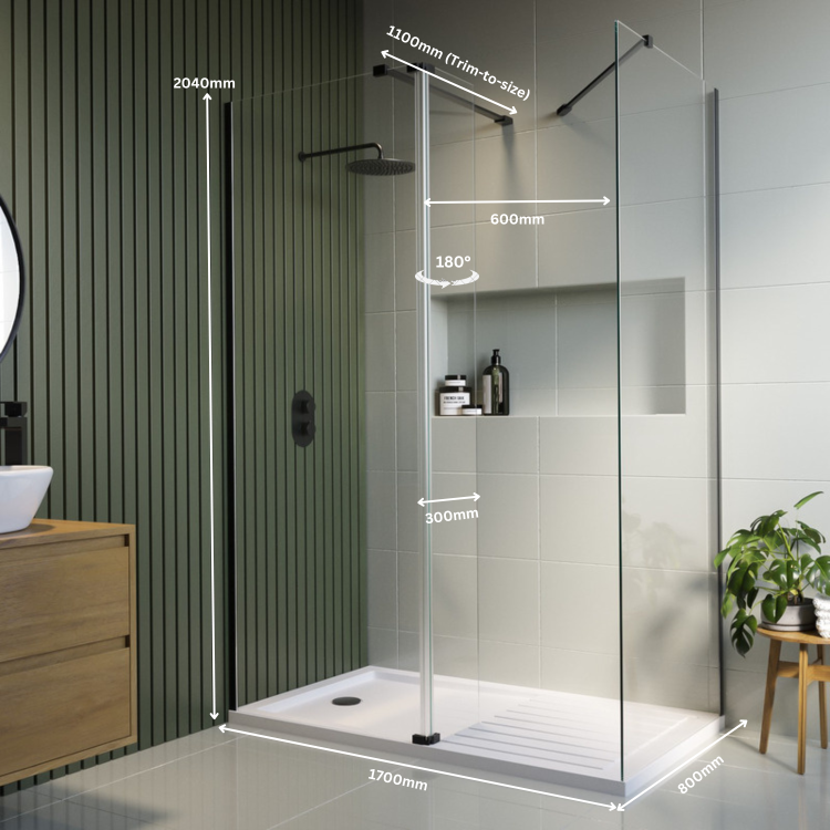 1700x800mm Black Frameless Wet Room Shower Screen Enclosure Hinged Return Panel and Shower Tray - Corvus