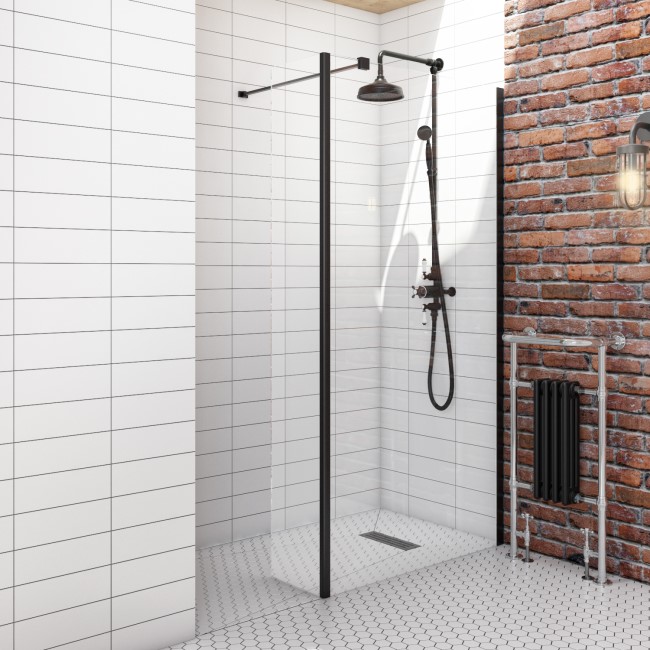 1400mm Black Frameless Wet Room Shower Screen with Return Panel - Corvus